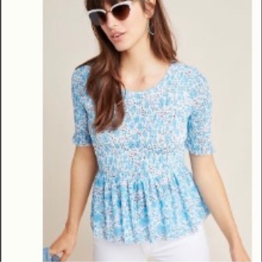 Anthropologie Maeve Shirt Ashton Smocked Peplum Top Blue White Floral Sz M